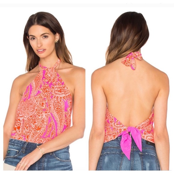 RARE! Trina Turk Silk Scarf Halter Top in Pink and Orange - Picture 1 of 9